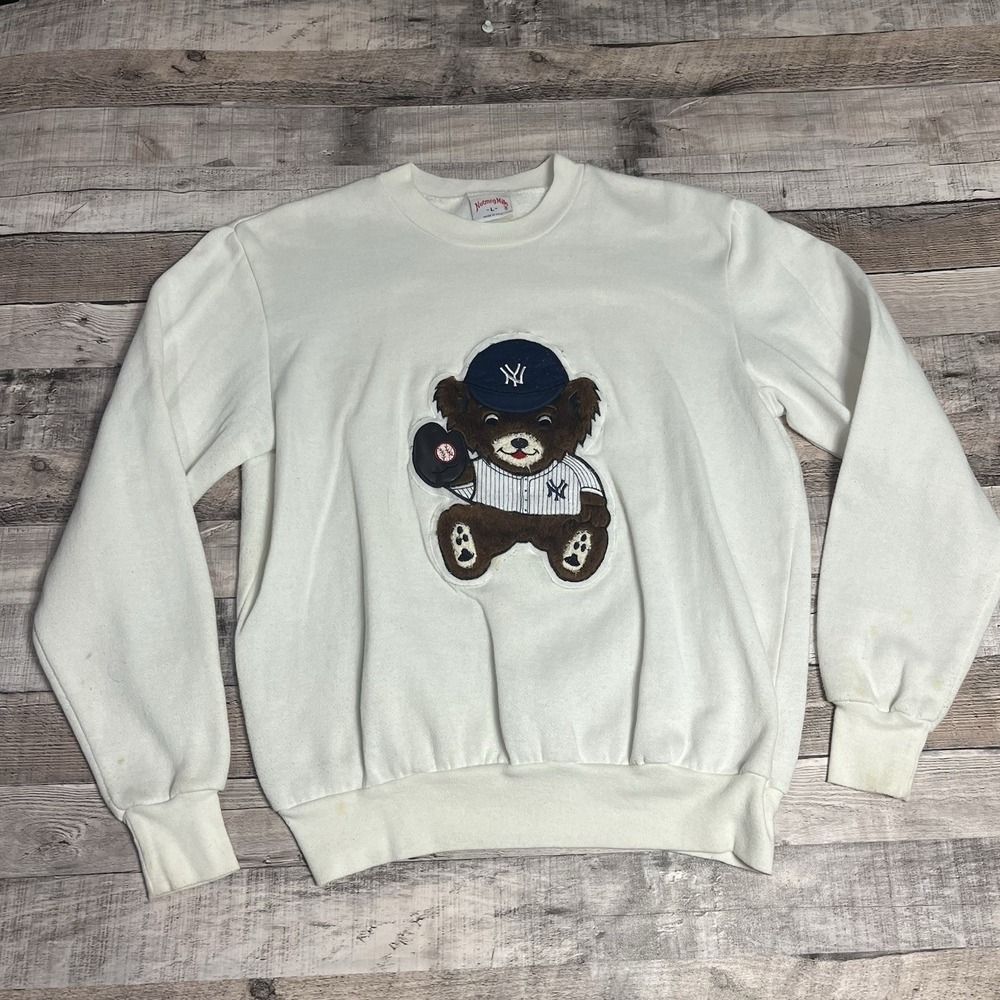 Yankees Sweatshirt Women's Size Large White Vintage Nutmeg MLB Teddy Bear